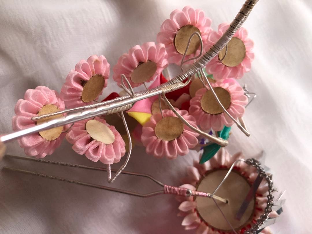 七五三 3歳女児セット　つまみ細工　髪飾り　桜柄　ピンク　みかん色　753 着物