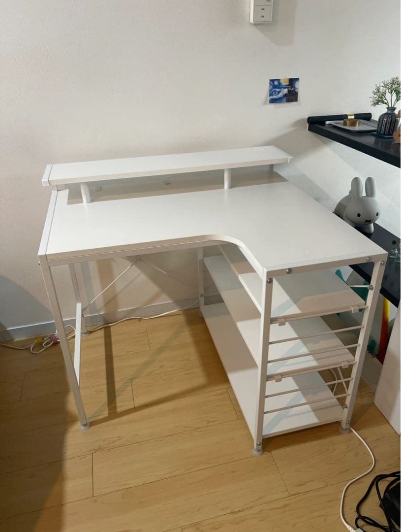 ホワイト L字型デスク 3段棚付き ※直接お渡し値引きあり