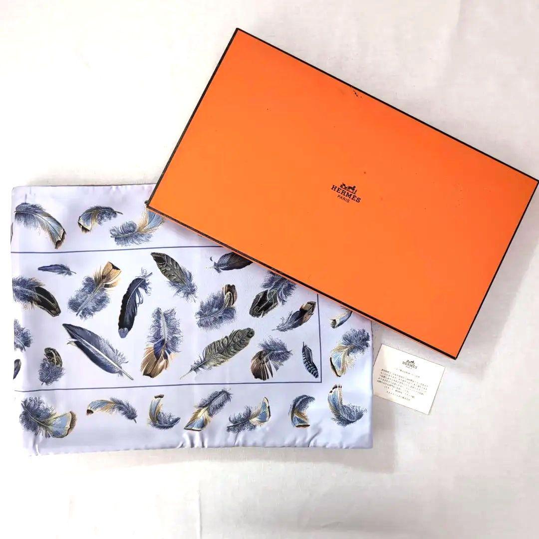 HERMES リバーシブル大判ショール シルク×アンゴラ 羽根柄 青灰 d112