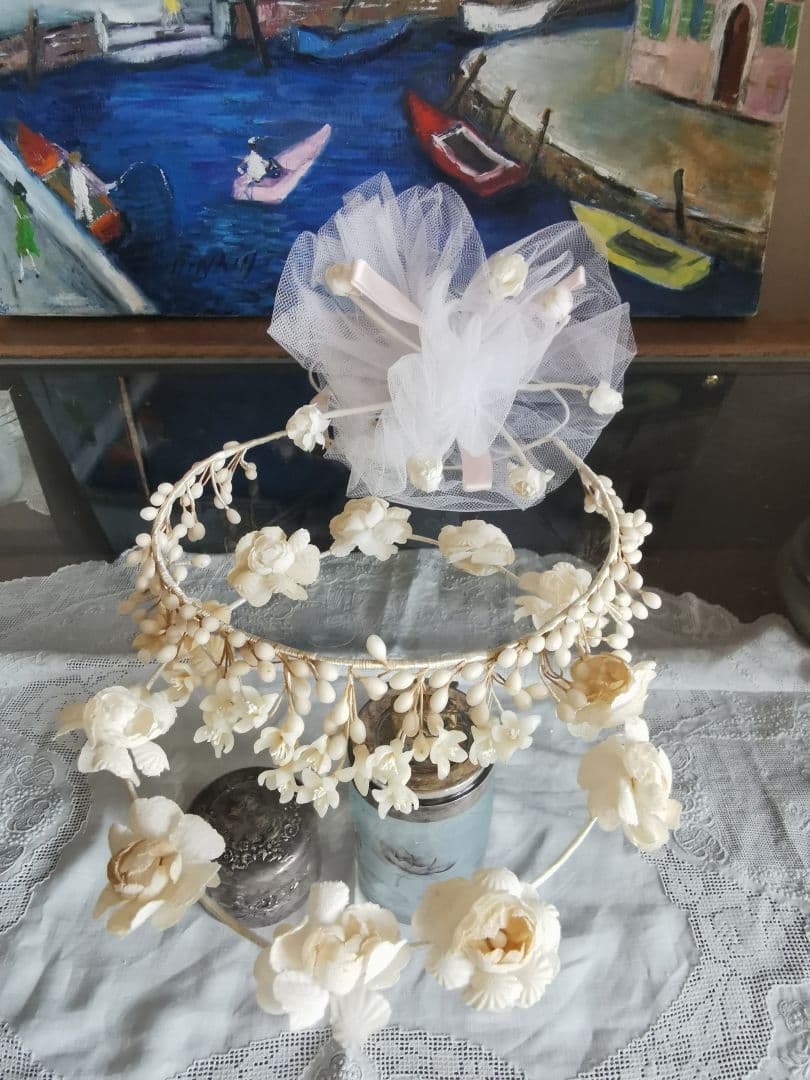 アンティーク ワックスフラワー＆布花冠ティアラ 薔薇ブーケ ブライダル３点セット