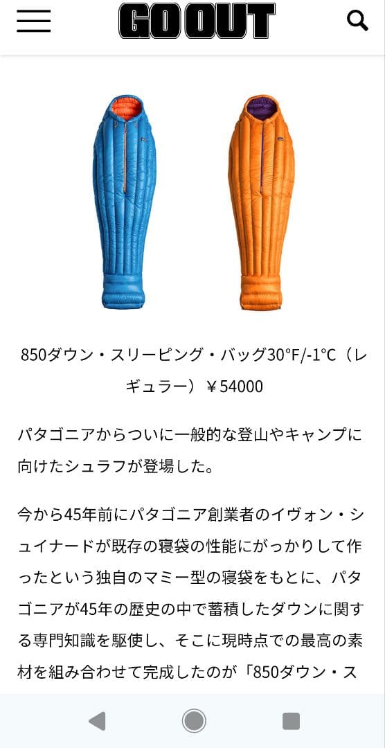 【廃盤品】Patagonia 850 Down Sleeping Bag