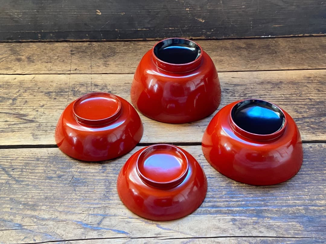 能登蔵出し 輪島塗 朱漆 入れ子 四つ椀 / 時代 朱塗 漆器椀 四つ組椀 正月