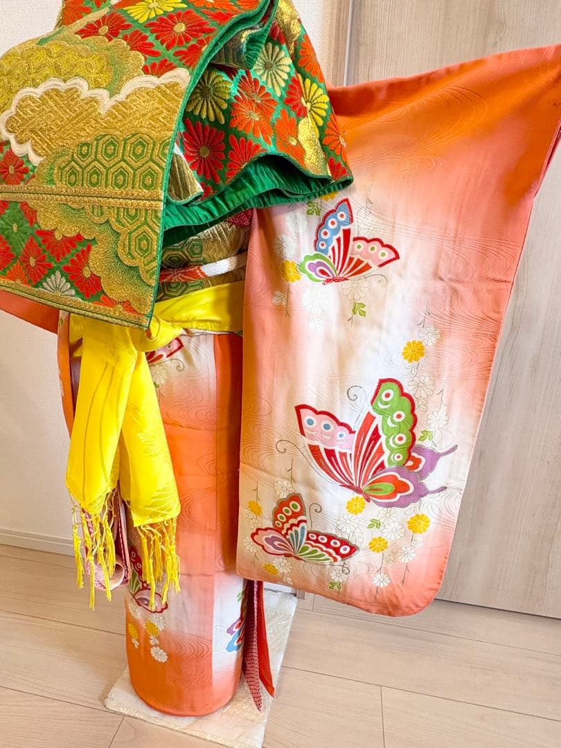 七五三 7歳祝い着セット 正絹 オレンジ 蝶 ヴィンテージ M2509081