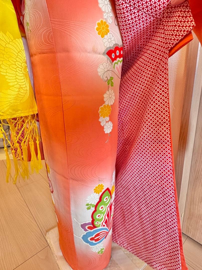 七五三 7歳祝い着セット 正絹 オレンジ 蝶 ヴィンテージ M2509081