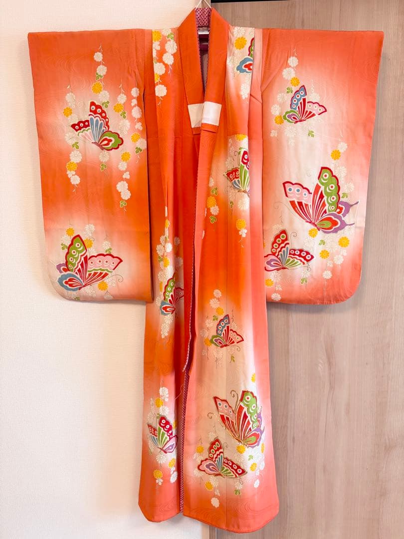 七五三 7歳祝い着セット 正絹 オレンジ 蝶 ヴィンテージ M2509081