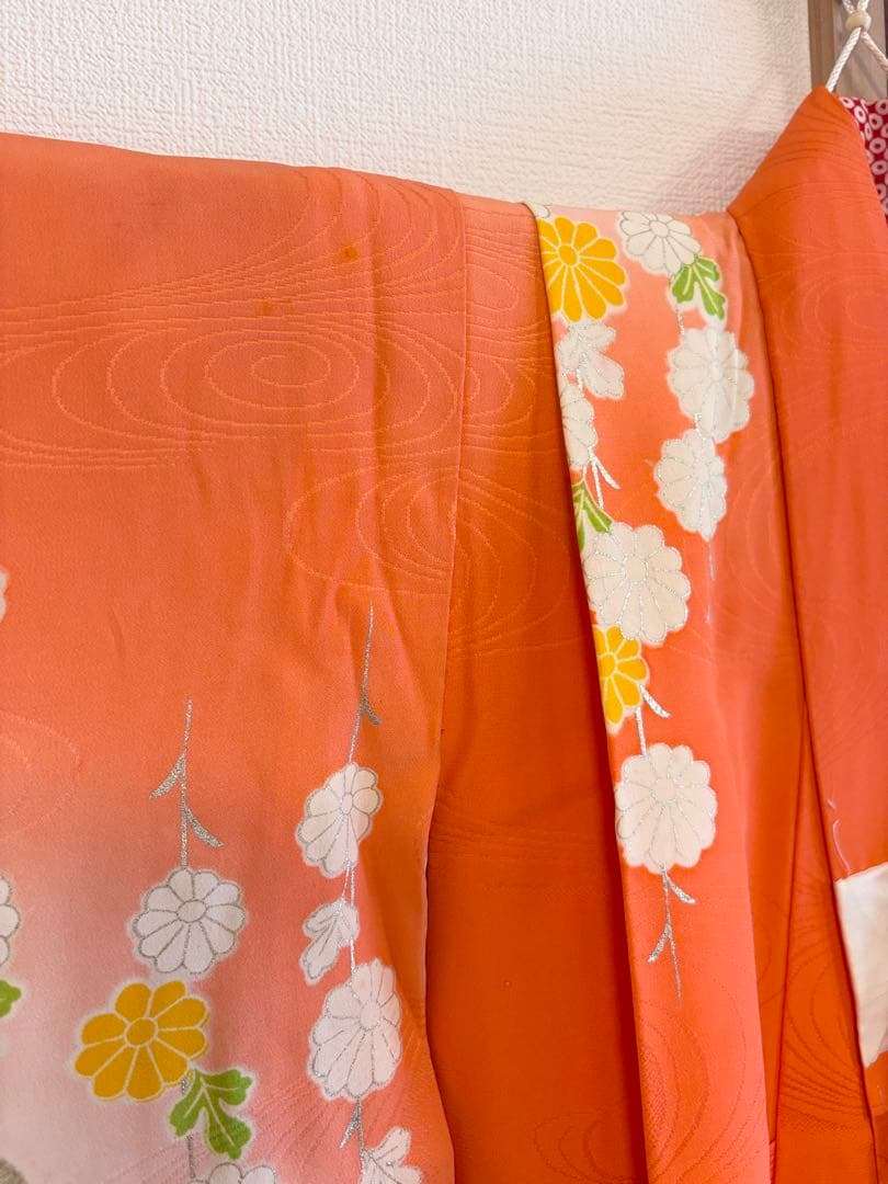 七五三 7歳祝い着セット 正絹 オレンジ 蝶 ヴィンテージ M2509081