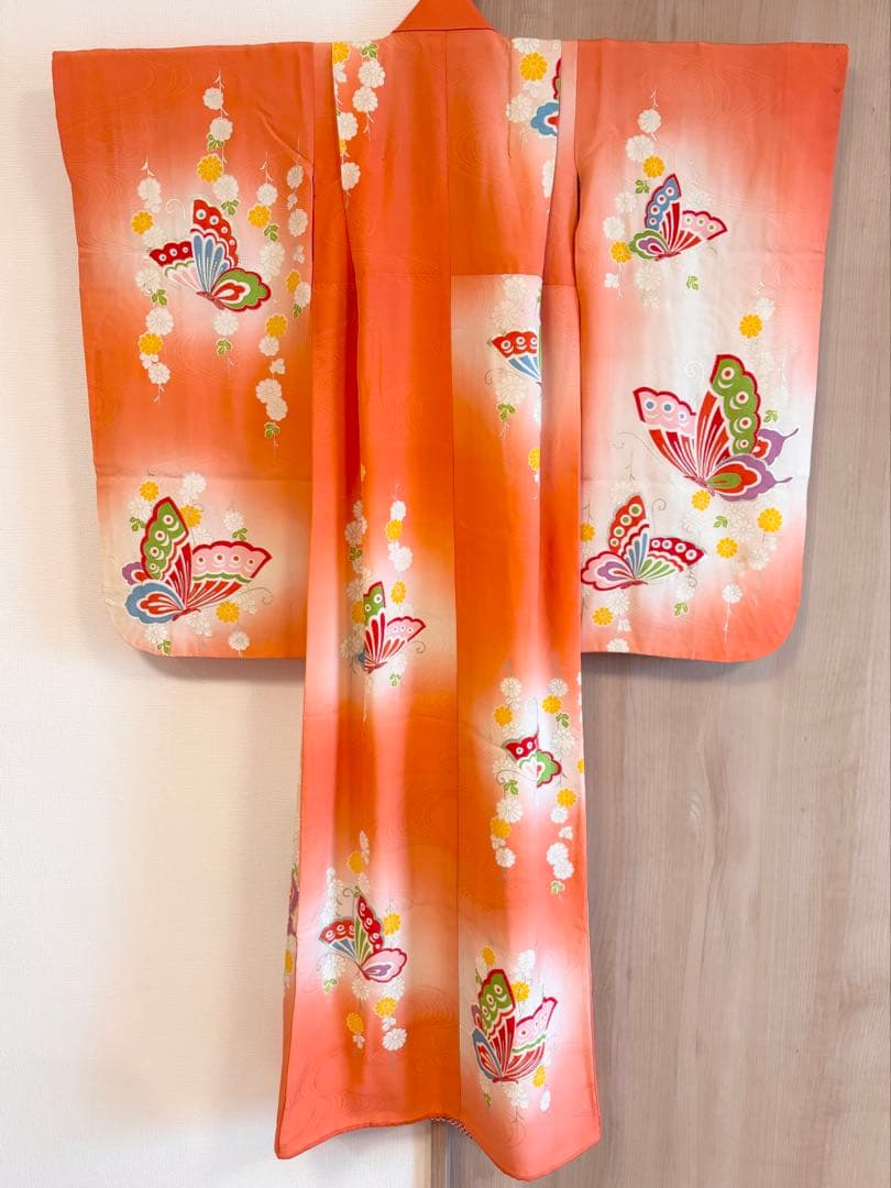 七五三 7歳祝い着セット 正絹 オレンジ 蝶 ヴィンテージ M2509081