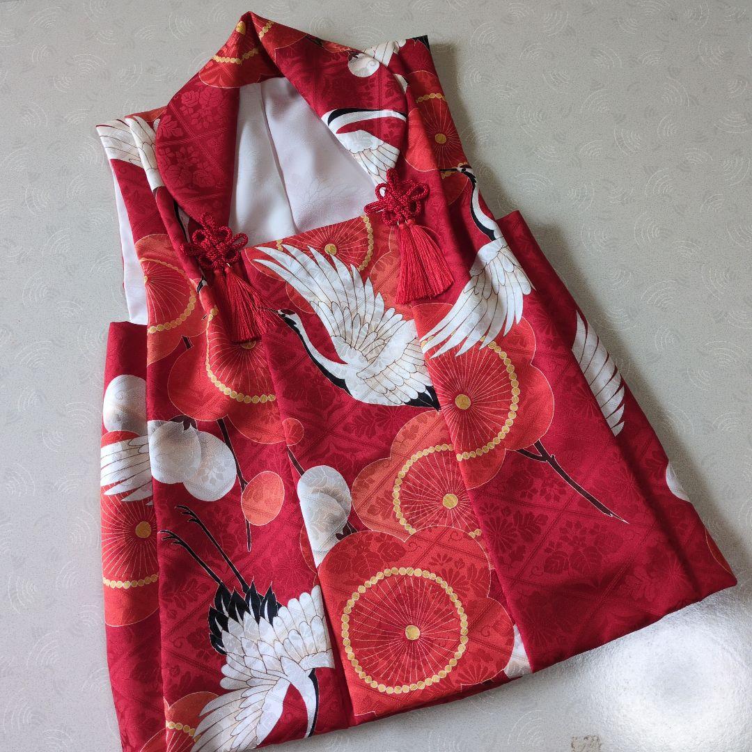 七五三３歳正絹手縫いの被布（中綿無し）赤色鶴柄