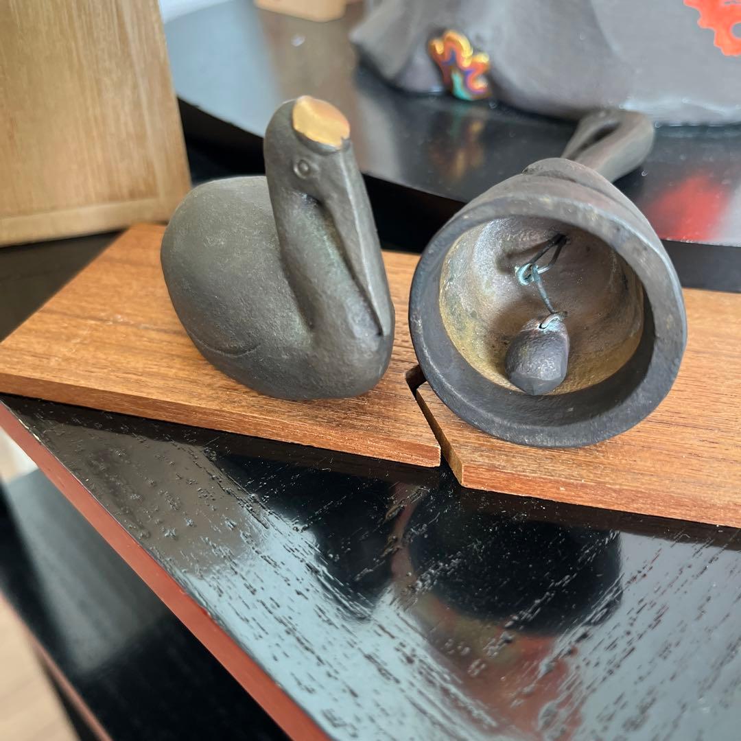 レトロ双鶴　青銅製鶴鈴付き置き物　田中彰青銅彫刻家