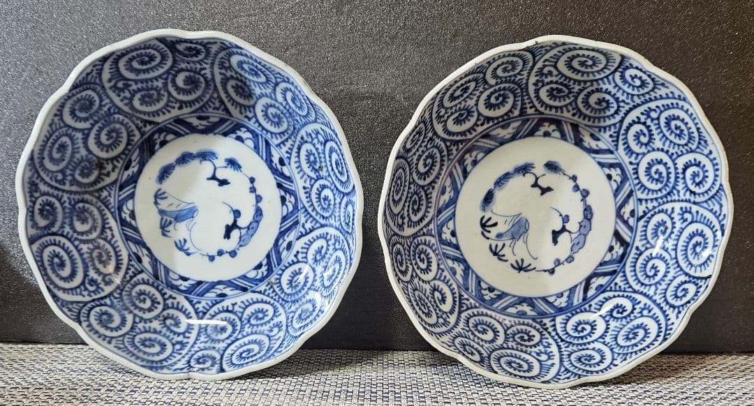 江戸時代後期　古伊万里　染付　たこ唐草 文様　なます皿　膾皿　深皿　2客揃い