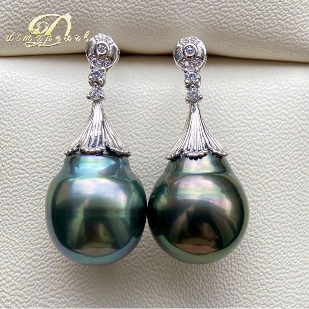 本真珠南洋黒蝶真珠グリーンブルー15×11.9㍉s925ピアスBL960