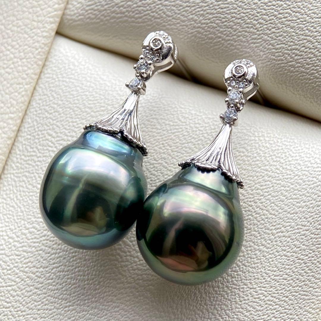 本真珠南洋黒蝶真珠グリーンブルー15×11.9㍉s925ピアスBL960