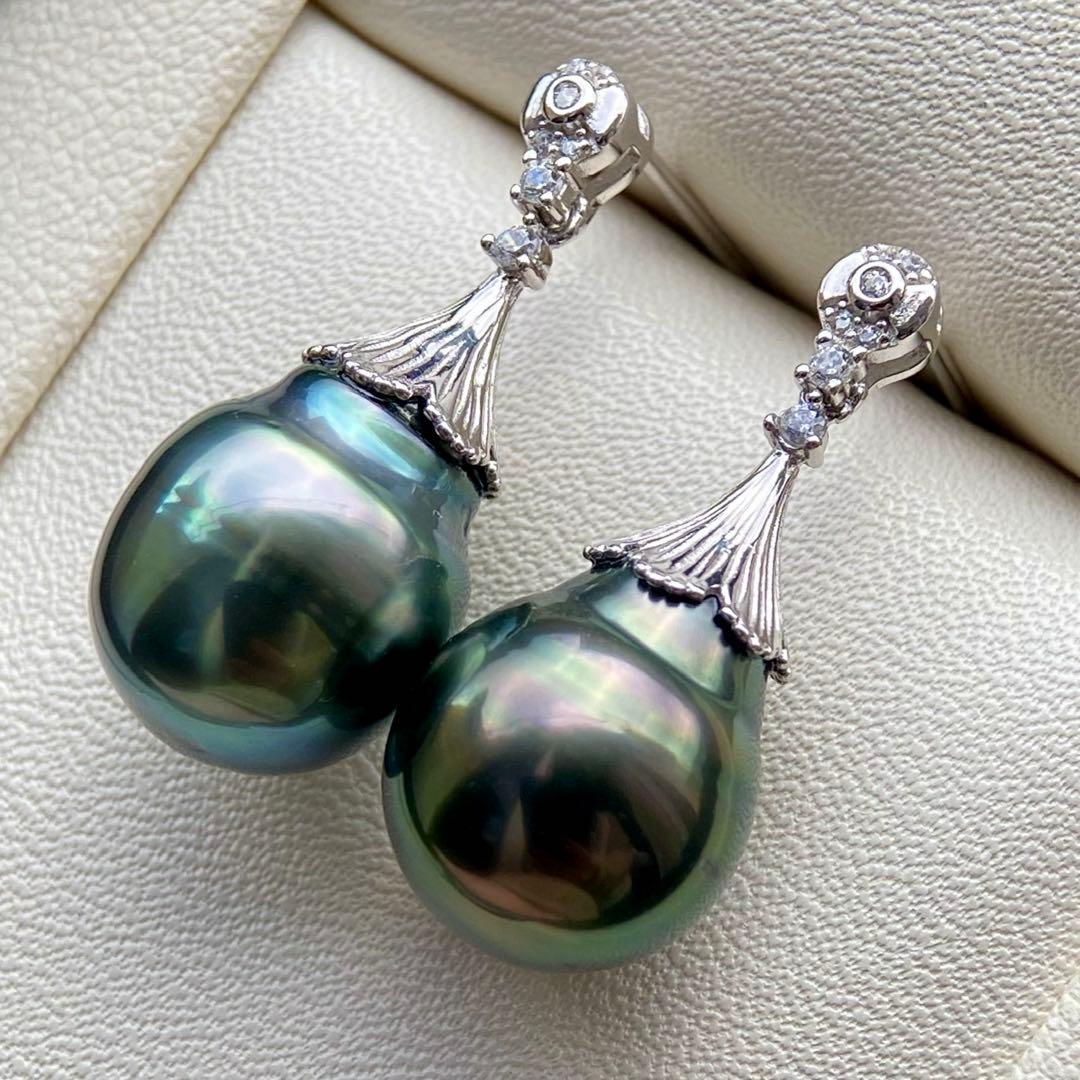 本真珠南洋黒蝶真珠グリーンブルー15×11.9㍉s925ピアスBL960