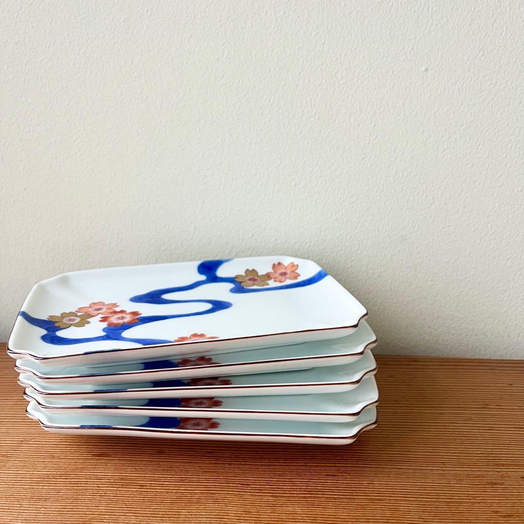 深川製磁　川に桜　変形角小皿　5枚セット