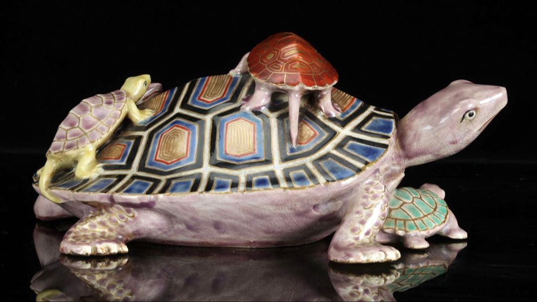 野々村仁清 在銘 色絵親子亀置物 共箱 京焼 細密造形 縁起物 古美術 骨董品