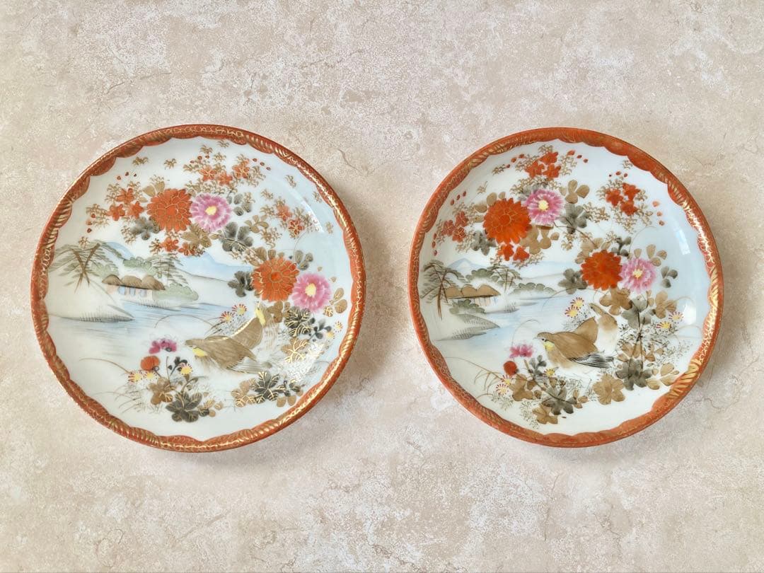 明治期　九谷焼　加藤造　薄手　金彩色絵　花鳥画