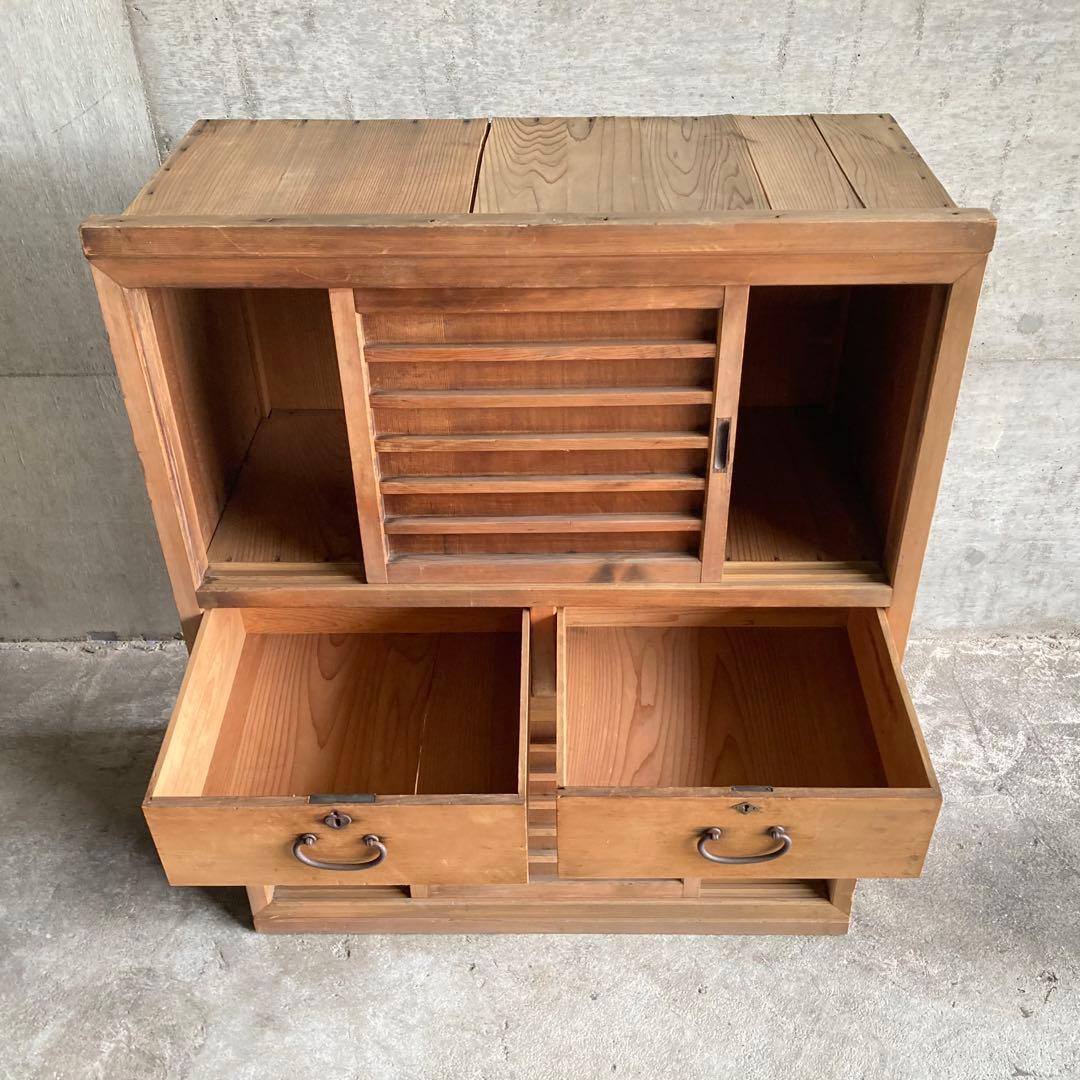 古い水屋箪笥 キャビネット 棚 台 引き戸 引き出し 木製 和風 家具 レトロ