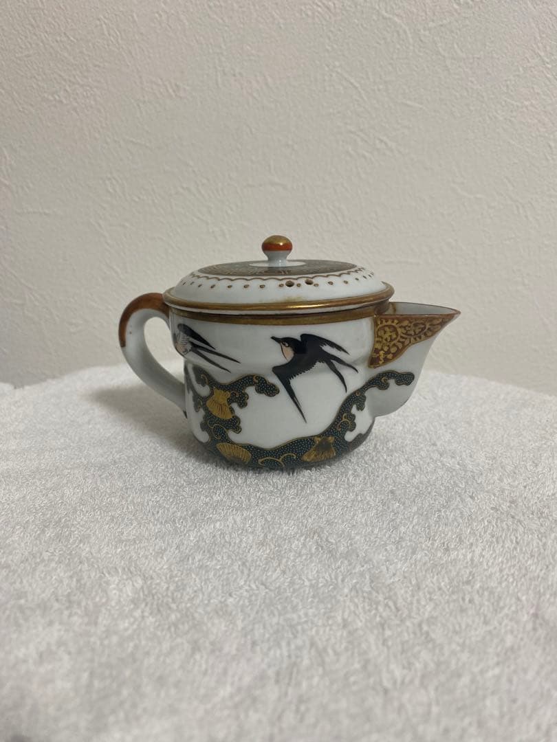 九谷焼 盛山作 錦襴手 急須 青粒金彩 骨董 古九谷