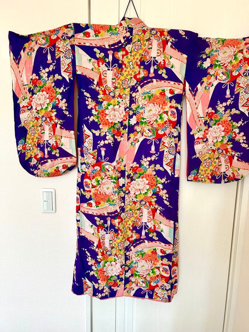 【アンティーク】七五三 7歳 着物 紫 牡丹 熨斗目 大正ロマン レトロ 正絹