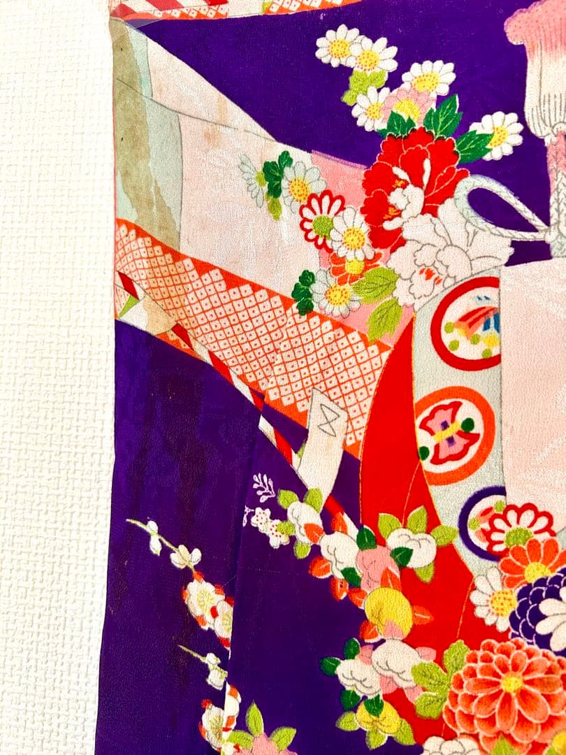 【アンティーク】七五三 7歳 着物 紫 牡丹 熨斗目 大正ロマン レトロ 正絹