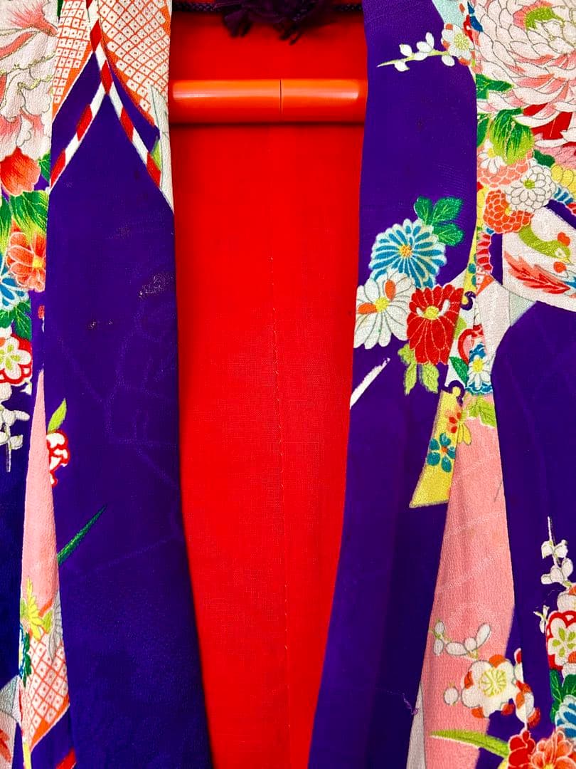 【アンティーク】七五三 7歳 着物 紫 牡丹 熨斗目 大正ロマン レトロ 正絹