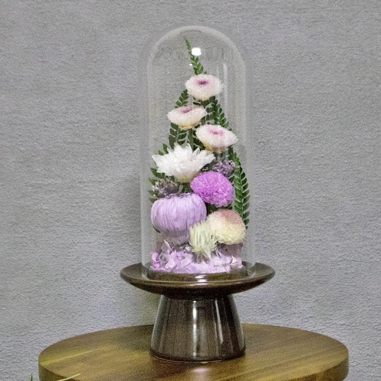 ガラスドーム型 プリザーブドフラワーの仏花 仏壇用 お供え用の花 藤白紫