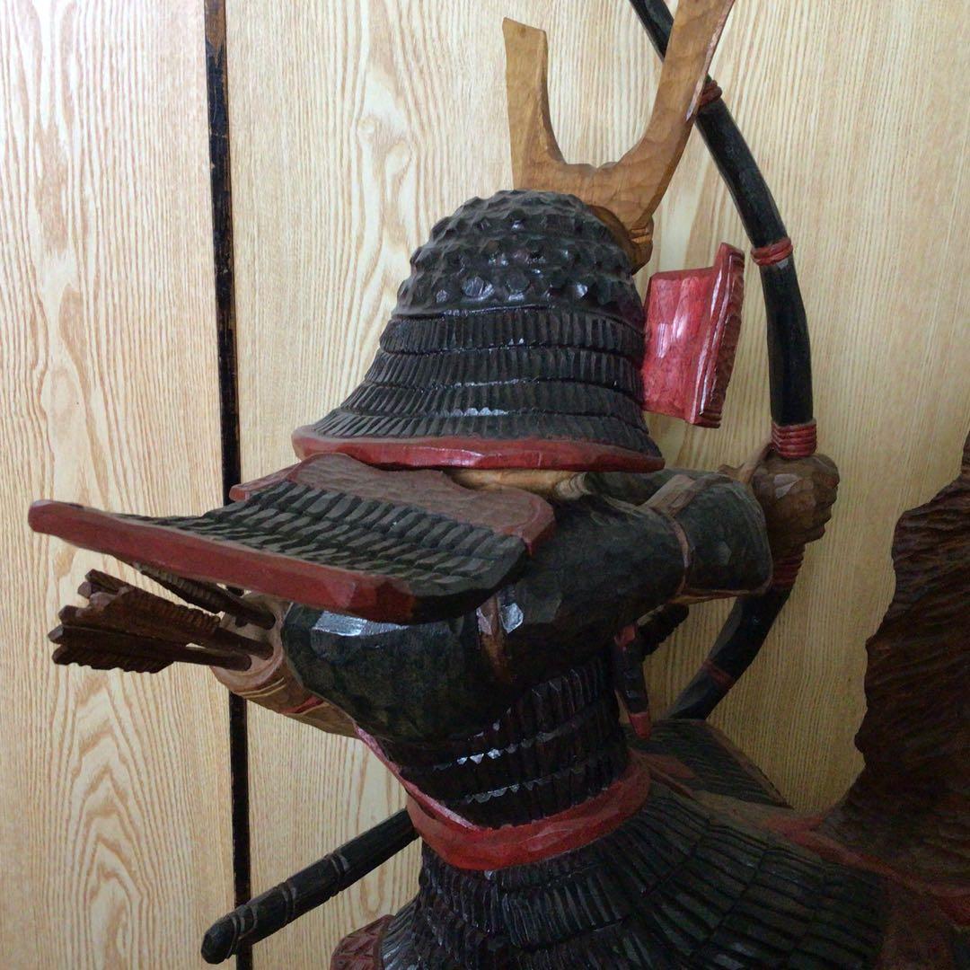木彫り　武将　武士　武者　侍　置物　特大　希少　オイルステイン　彫刻　骨董