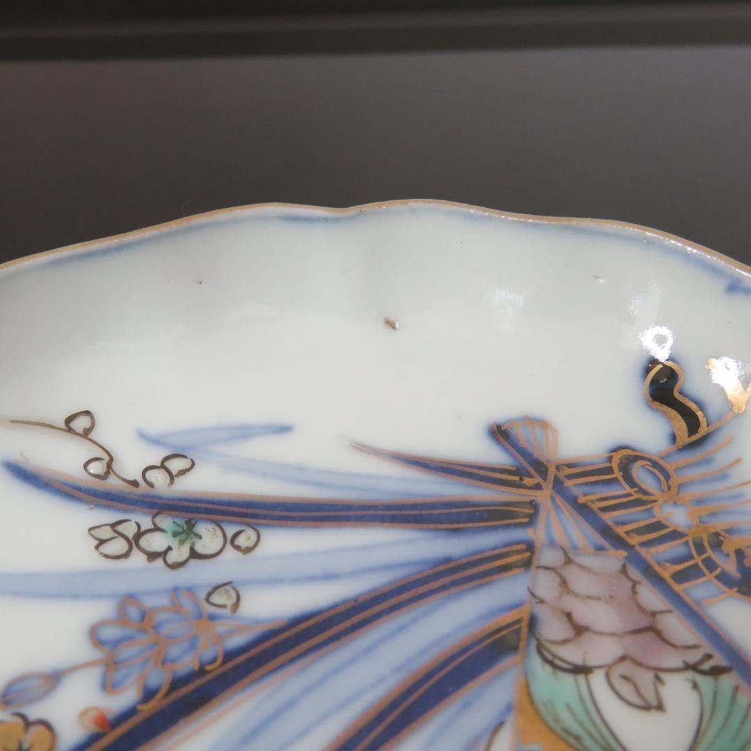 小皿 5枚 古伊万里 色絵付け 鶴 菊 草 扇 花束 銘 角久 窯傷 江戸 明治