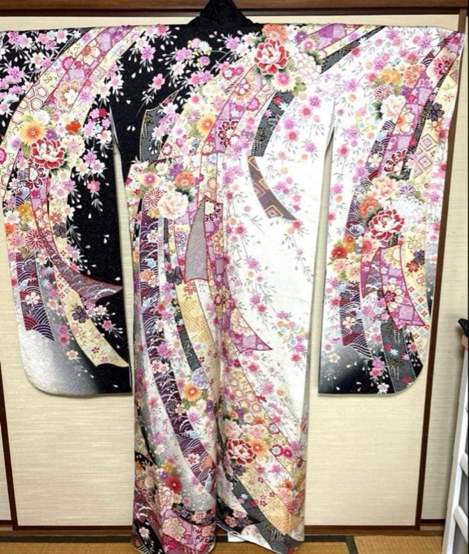 吉祥 華 束ね熨斗 モノトーン 振袖 身丈 160