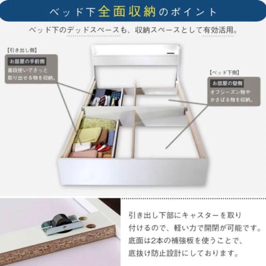 ダブル　RUES【ルース】棚・コンセント付き収納ベッド グレーマットセット