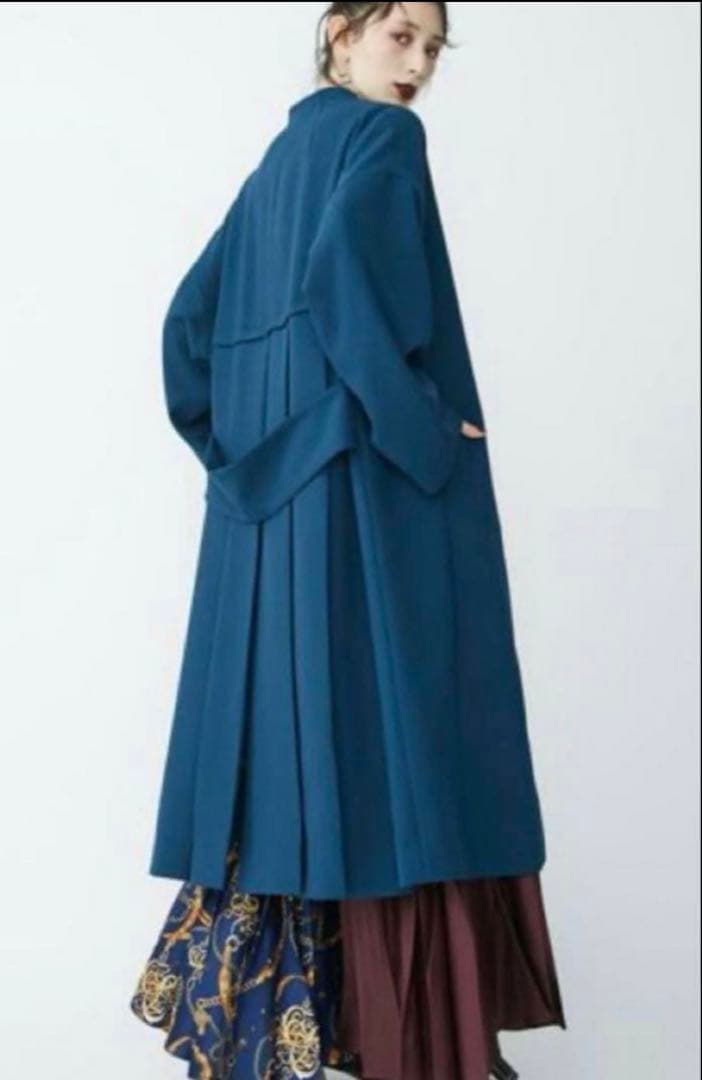 UN3D. アンスリード BACK PLEATS ノーカラーコート ターコイズ