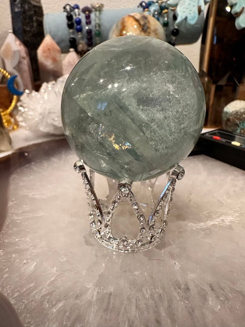 グリーンフローライトスフィア虹♡透明度♡台座セット♡♡