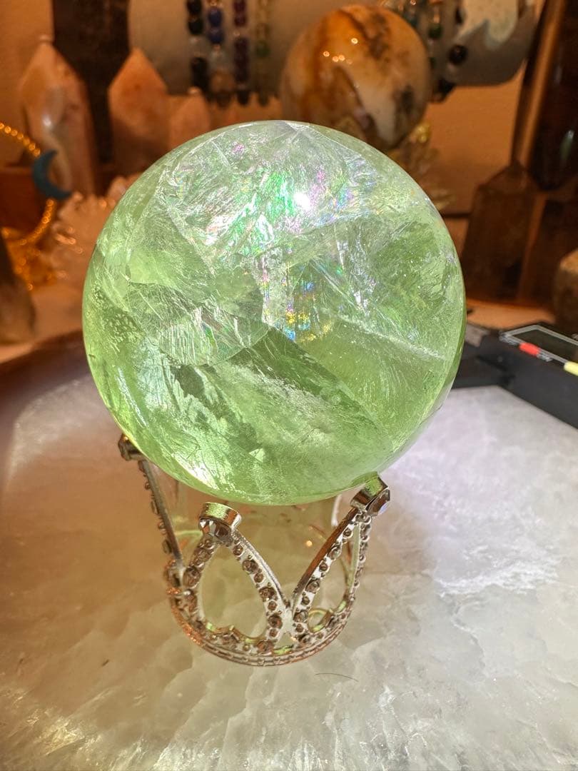グリーンフローライトスフィア虹♡透明度♡台座セット♡♡