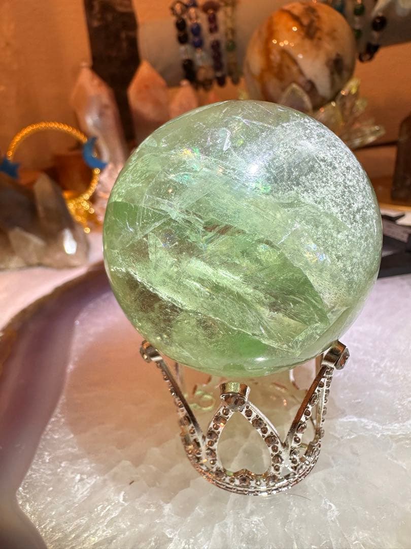 グリーンフローライトスフィア虹♡透明度♡台座セット♡♡