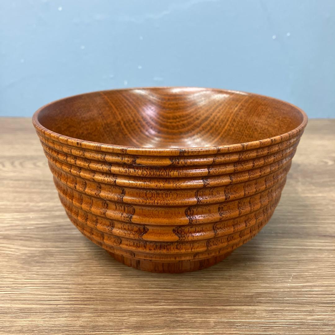 E-1 極美品 天然木 千筋挽き 汁椀 2客セット 箱付き 木製 食器