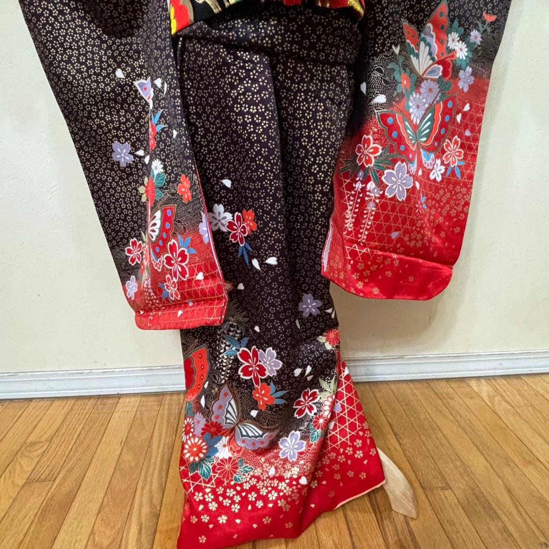 七五三七歳‼豪華絢爛人気黒地蝶々花ラメ金彩金箔煌びやか際立つ❤️完全フルセット