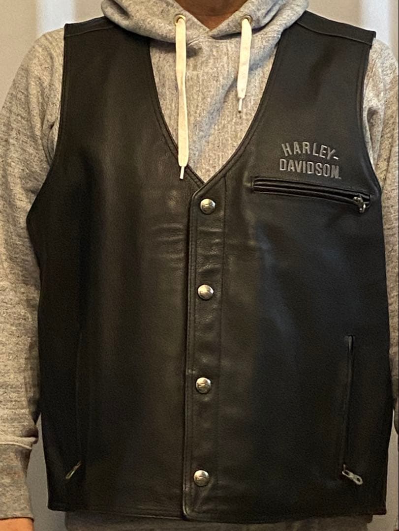 Harley-Davidson Leather Vest 背中刺繍 2XL 黒