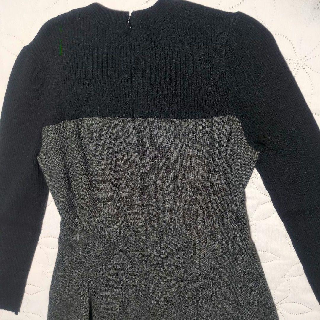 リボンディテールドッキングワンピース　ブラック×グレー　長袖