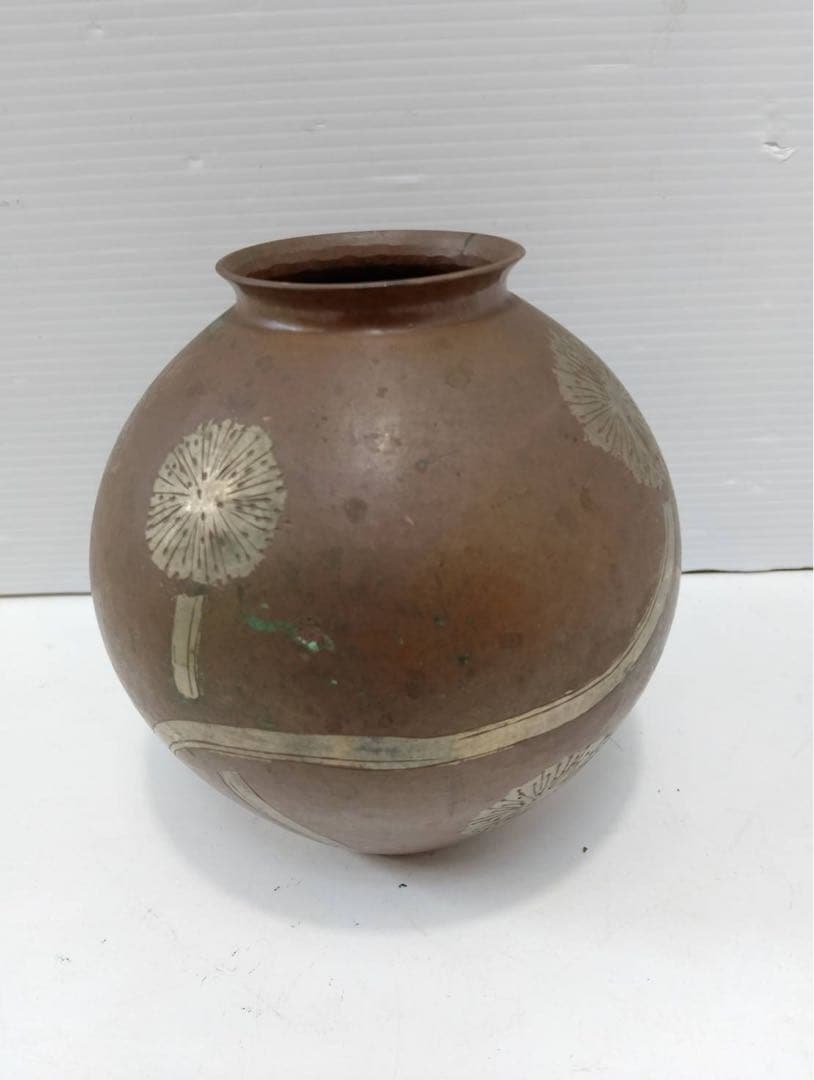 【希少/鳳山刻印】銅製 花瓶 たんぽぽ 蒲公英 槌目 伝統工芸 高岡銅器 壺