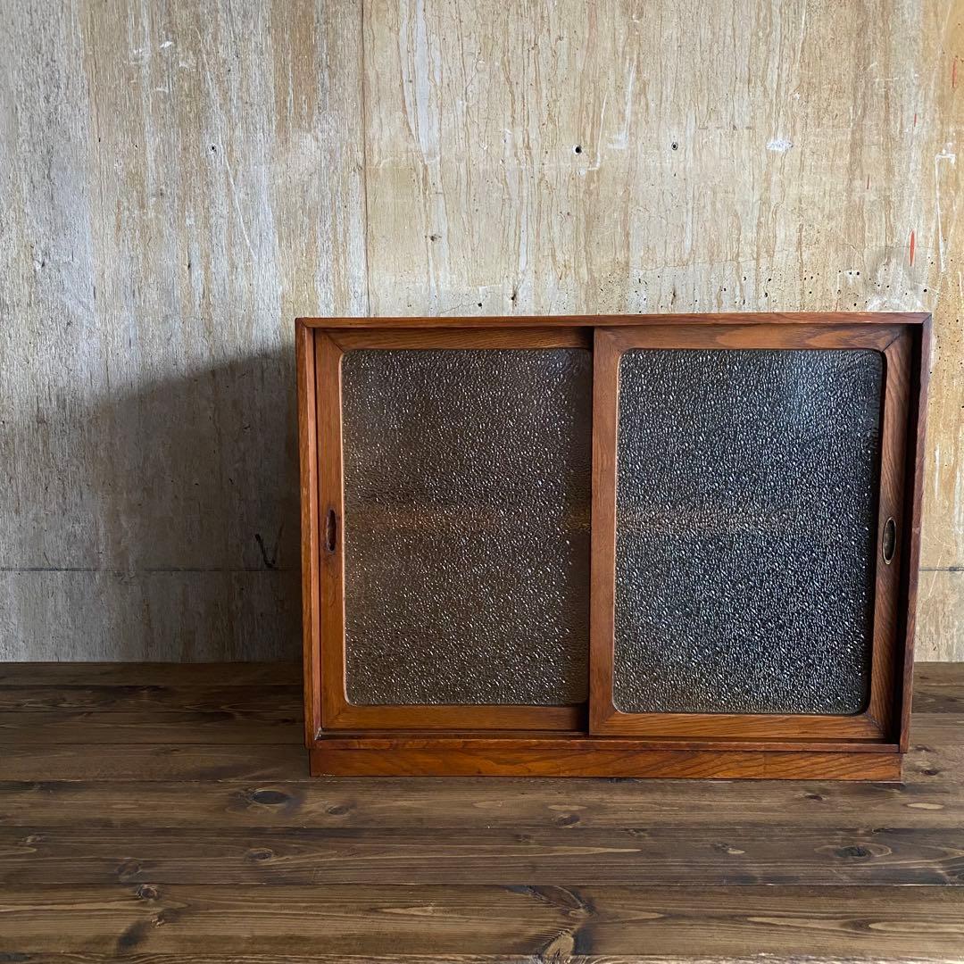 古家具 ヴィンテージ　ダイヤガラス　引戸棚　ミニキャビネット　無垢材　杉無垢