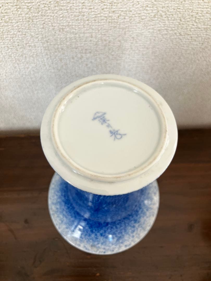 深川製磁　鶴　鷺　花瓶　青白グラデーション フラワーベース