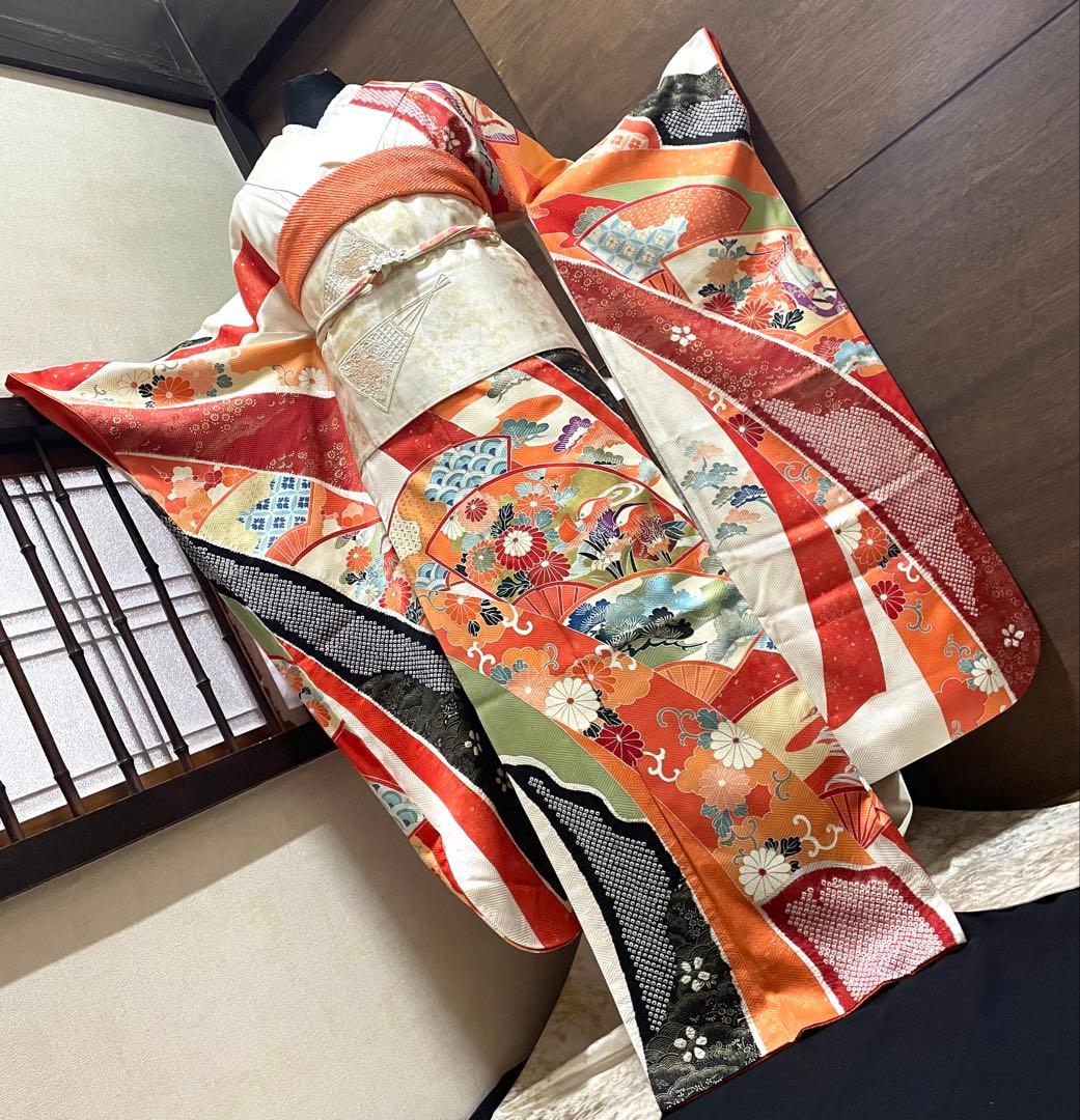 振袖 フルセット6点サイズM〜L正絹　扇面吉花鳥　売り切り終了