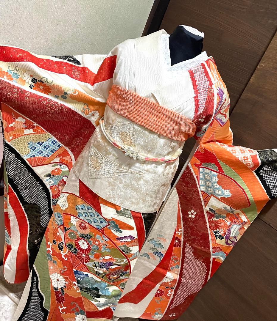 振袖 フルセット6点サイズM〜L正絹　扇面吉花鳥　売り切り終了