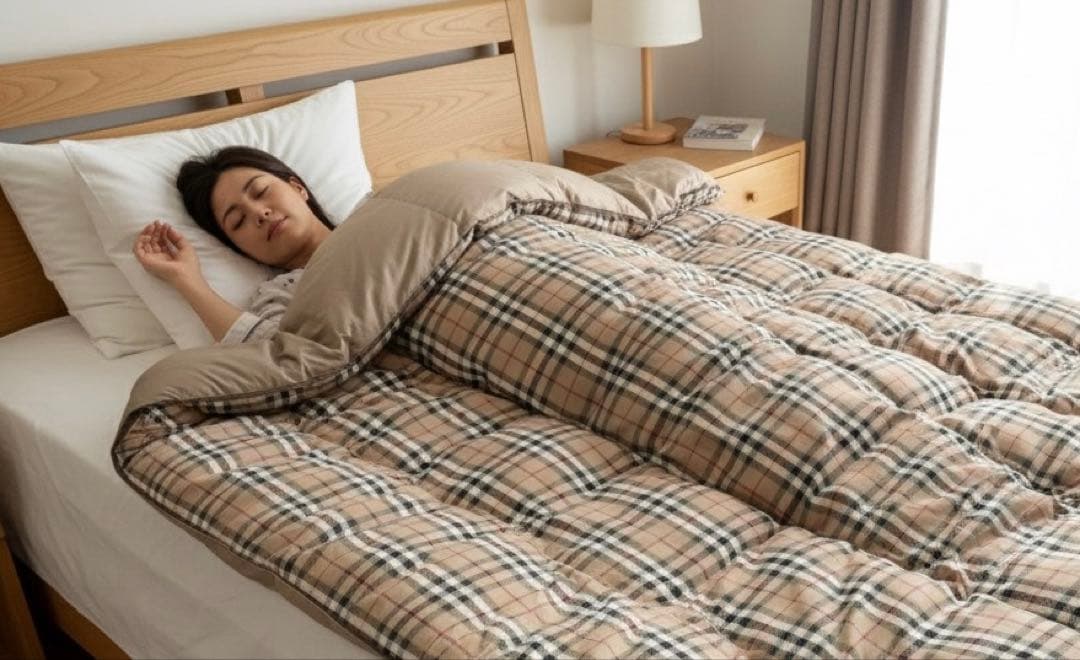 羊毛ふとん チェック柄 ベージュ シングル［美品］［即購入OK］［送料無料］