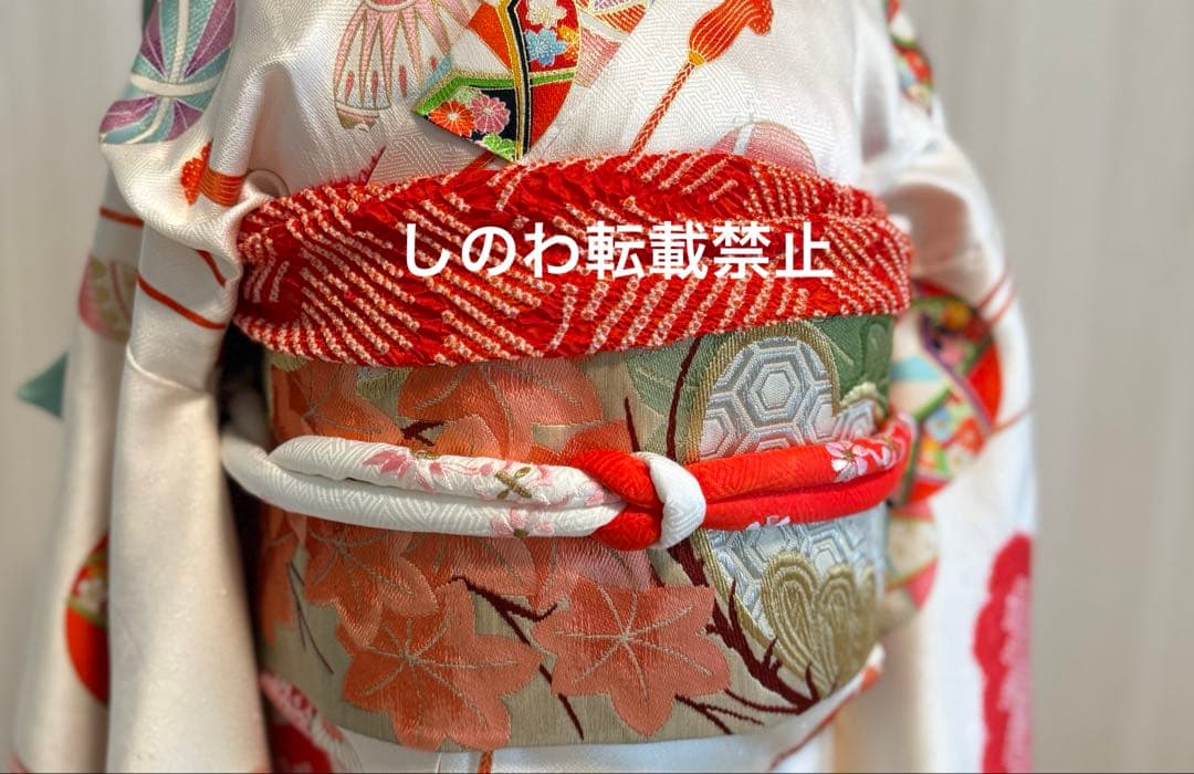 着付師が作った作り帯　7歳七五三　七宝に松紅葉模様　モスグリーン×コーラル×金銀
