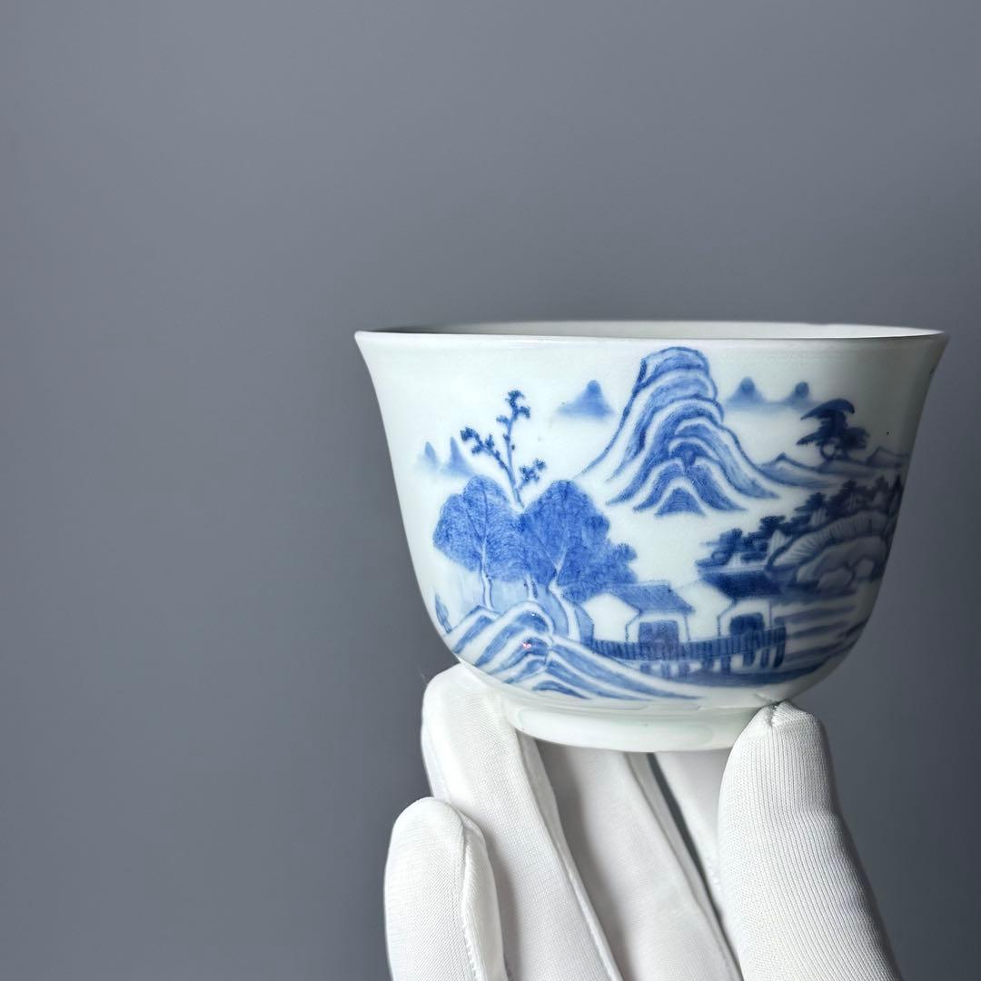 後期鍋島　染付風景画向付　三点　緻密な絵付　汲み出し　湯呑み　幕末〜明治期