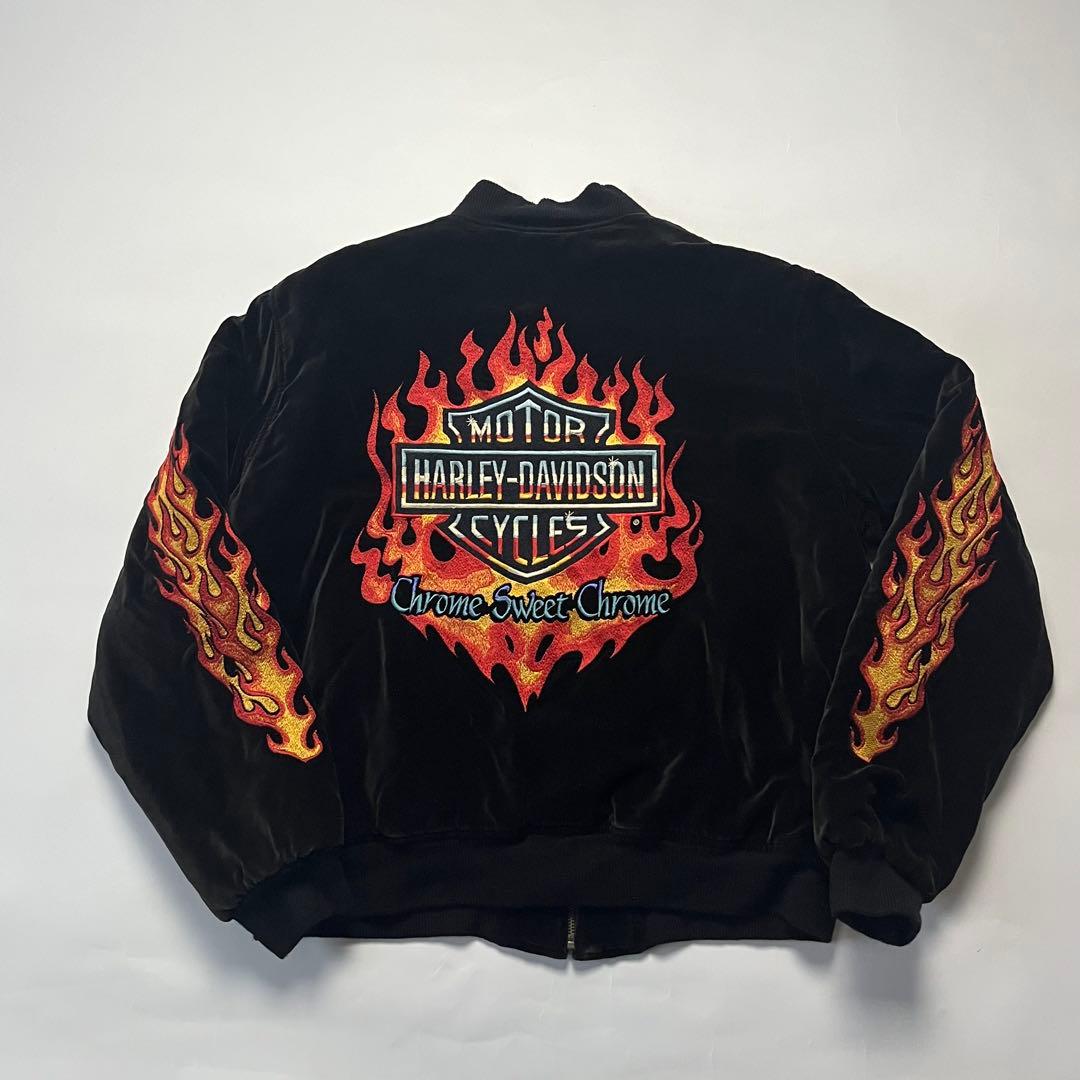 ハーレーダビッドソン スカジャン 別珍 ブラック 黒 刺繍 L ファイヤー