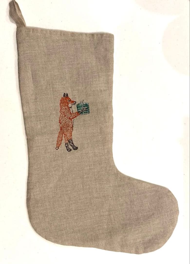 リネン製キツネ刺繍クリスマスストッキング