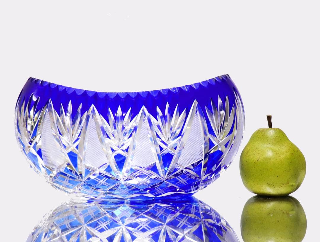 オールド・バカラ 1890年頃 特大青色被せ装飾切子ガラス鉢 26cm1.8kg