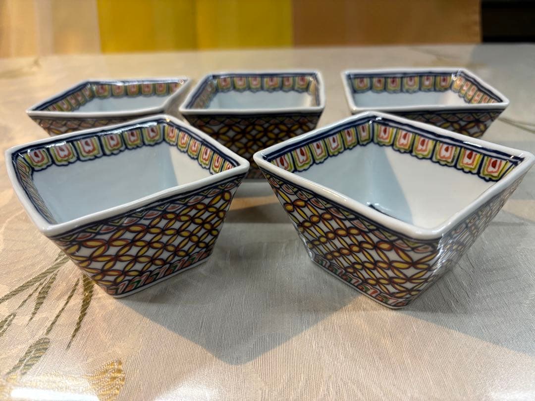 京焼清水焼 高木岩華作 七宝紋様角小鉢揃い（5個）